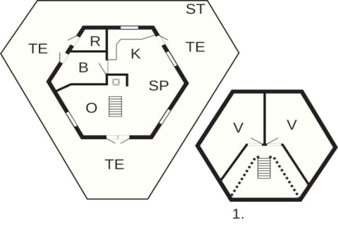 Floor plan of houseboat 38507-SJØSTJERNEN in Denmark, showing room abbreviations and two levels.