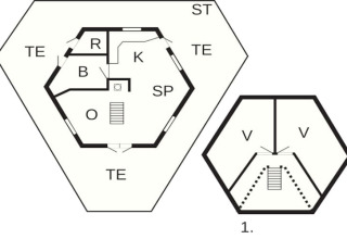Floor plan of houseboat 38507-SJØSTJERNEN in Denmark, showing room abbreviations and two levels.