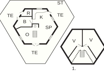 Floor plan of houseboat 38507-SJØSTJERNEN in Denmark, showing room abbreviations and two levels.