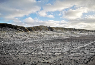 Sand dunes and cloudy sky near 8 person holiday home in Ulfborg, Denmark with natural scenery present.