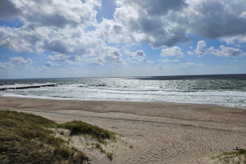 Sandy beach and ocean view with waves seen from an 8-person holiday home in Ulfborg, Denmark, under cloudy skies.