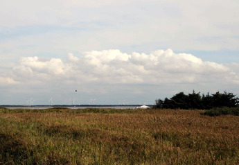 Champ d’herbe et lac avec éoliennes près d’une maison de vacances 8 personnes à Ulfborg, Danemark.