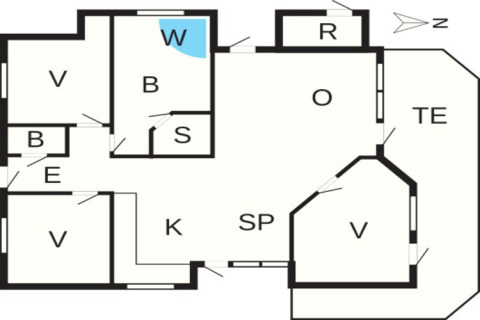 Plantegning af 8-personers feriehus i Ulfborg, Danmark, med værelser, badeværelser og opholdsrum.
