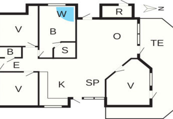 Planimetria di una casa vacanze per 8 persone a Ulfborg, Danimarca, con stanze e aree comuni.