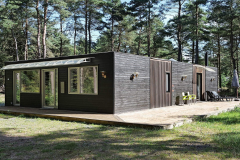 Casa vacanze moderna in legno nero a Hadsund, Danimarca, circondata da boschi, con patio e ampie finestre.
