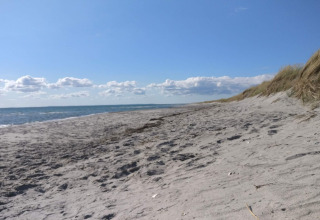 Wide sandy beach with dunes and sea view at the '6 person holiday home in Hadsund', Denmark.