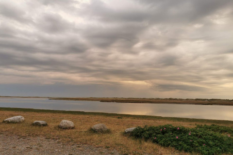 Rustig uitzicht op water, gras en wolken bij het 6-persoons vakantiehuis in Hadsund, Denemarken.