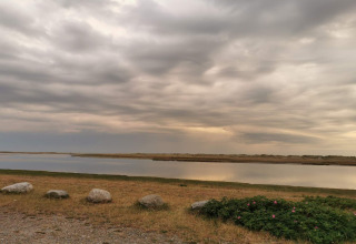 Vista serena su acqua e prati sotto cieli nuvolosi presso la casa vacanze per 6 persone a Hadsund, Danimarca.