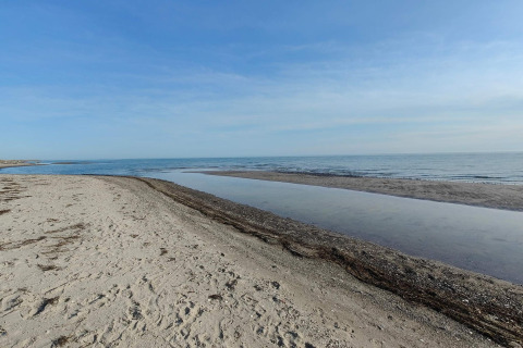 Udsigt over stranden og havet nær Hadsund, Danmark, med sand og vand under en klar blå himmel.