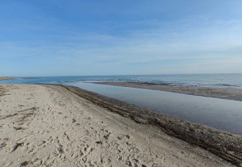 Sandstrand und Meer bei Hadsund, Dänemark, mit ruhigem Wasser und blauem Himmel an einem sonnigen Tag.