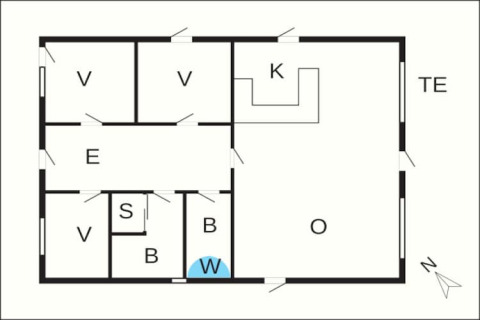 Planimetria di una casa vacanze per 6 persone a Hadsund, Danimarca, con camere, cucina e soggiorno.