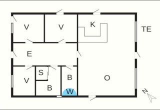 Plan d'une maison de vacances pour 6 personnes à Hadsund, Danemark, avec chambres, cuisine et salon.