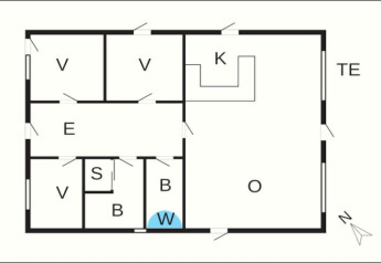 Plattegrond van een 6-persoons vakantiehuis in Hadsund, Denemarken, met slaapkamers, keuken en woonkamer.