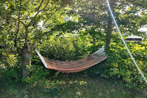 Hamaca colorida entre dos árboles en el jardín de la casa vacacional para 4 personas en Allingåbro, Dinamarca.