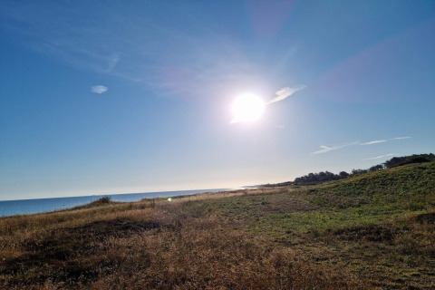 Zonnig uitzicht op strand en weilanden bij Allingåbro, genomen vanuit een vakantiehuis in Denemarken.
