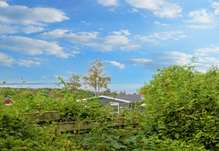 Aussicht auf grüne Büsche, Bäume und ein Ferienhaus unter blauem Himmel mit Wolken in Allingåbro, Dänemark.