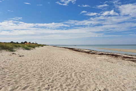 Vista de una tranquila playa de arena junto al alojamiento 'Casa de vacaciones para 4 personas en Allingåbro', Dinamarca.