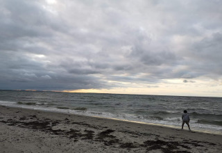 Playa con una persona y olas bajo cielo nublado cerca de '4 person holiday home in Allingåbro', Dinamarca.