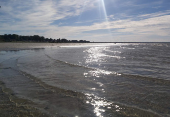 Zonneschijn op het ondiepe water aan het 4-persoons vakantiehuis in Allingåbro, Denemarken.