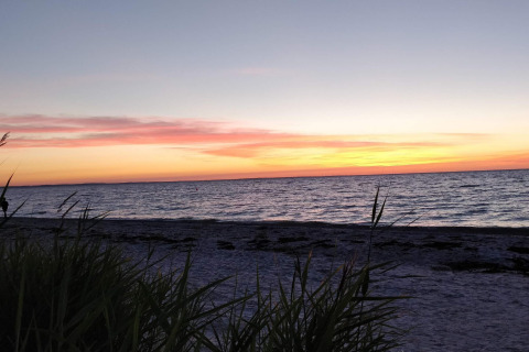Sunset view from the 4 person holiday home in Allingåbro, Denmark, with beach, sea, grass, and vibrant sky.