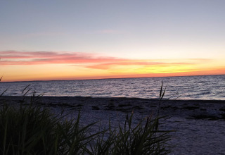 Solnedgang over havet set fra stranden ved 4 personers feriehus i Allingåbro, Danmark, med siv i forgrunden.