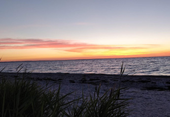 Solnedgang over havet set fra stranden ved 4 personers feriehus i Allingåbro, Danmark, med siv i forgrunden.