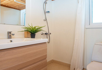 Moderne badeværelse med bruser, håndvask, spejl, toilet og potteplante på et feriehus i Allingåbro, Danmark.