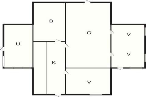 Planimetria di casa vacanza per 4 persone ad Allingåbro, Danimarca, con stanze ed ingressi indicati.