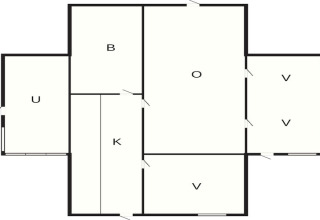 Grundriss eines 4-Personen-Ferienhauses in Allingåbro, Dänemark, mit beschrifteten Zimmern und Türen.