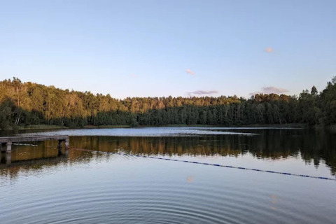 Uitzicht op een stille vijver met een steiger en omringende bomen, gefotografeerd bij een glamping bij zonsondergang.
