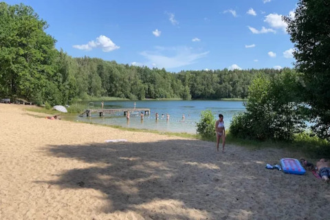 Zandstrand en meer aan een glampingverblijf, mensen zwemmen en liggen in de zon tussen bomen.