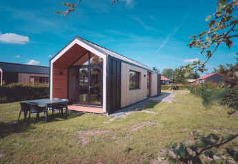Moderne glamping hytte med store vinduer og udendørs spisebord, omgivet af grønt på solskinsdag.