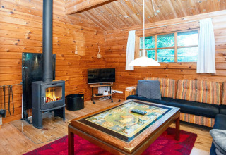 Hyggelig stue i en træhytte med brændeovn, farverig sofa, tv og stort vindue i en dansk flodhytte.