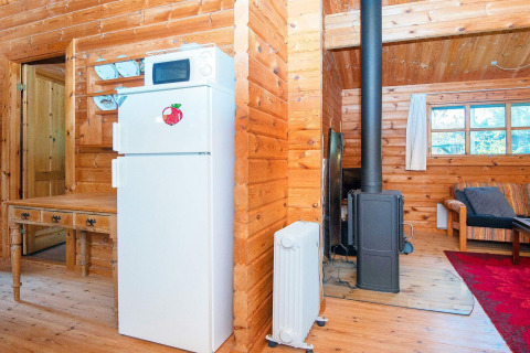 Knusse woonkamer in houten cottage met koelkast, microgolfoven, houtkachel, bureau en zetel bij raam.