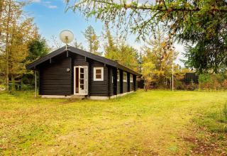 Sort træhytte kaldet 'Beautiful cottage near the river' i naturskønt område i Danmark om efteråret.