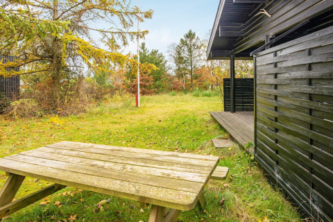 Udendørsområde ved smukt sommerhus nær floden i Danmark med træbord, græsplæne og terrasse.