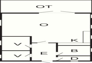 Plattegrond van "Beautiful cottage near the river" in Denemarken met leefruimte, keuken en terras.
