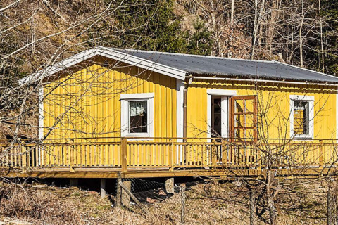Gele houten vakantiewoning voor 4 personen in HÄLLEVADSHOLM, idyllisch gelegen in het Zweedse bos.