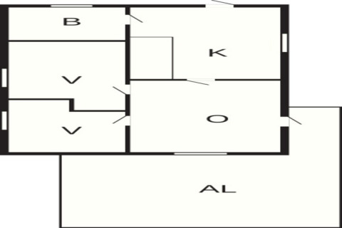 Grundriss eines 4-Personen-Ferienhauses in Hällevadsholm, Schweden, mit Schlafzimmer, Küche, Wohnbereich.
