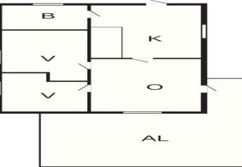 Grundriss eines 4-Personen-Ferienhauses in Hällevadsholm, Schweden, mit Schlafzimmer, Küche, Wohnbereich.