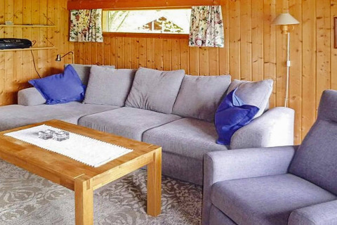 Stue i chalet i Olden, Danmark med grå sofa, trævægge, sofabord og blå puder, hyggelig atmosfære.