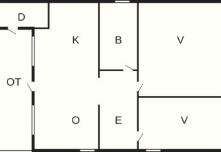 Grundriss eines 6-Personen-Ferienhauses in Olden, Dänemark, mit beschrifteten Räumen und Türen.