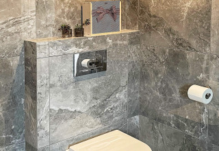 Salle de bain moderne avec carrelage en marbre gris, WC suspendu, réservoir caché et plantes décoratives.