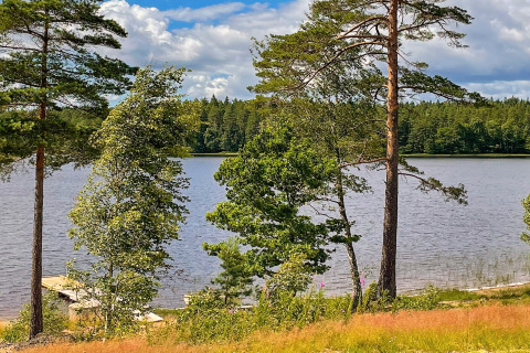 Panorama di lago con alberi verdi, cielo azzurro e piccolo molo vicino a una villa in Svezia.