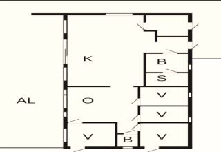 Planimetria di Spacious Lakeside Villa in Svezia con soggiorno, camere da letto, bagni e cucina.