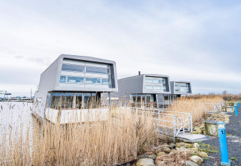 Modern houseboats at '6 person holiday home in Hemmet', Denmark, set by the water amidst natural reeds.