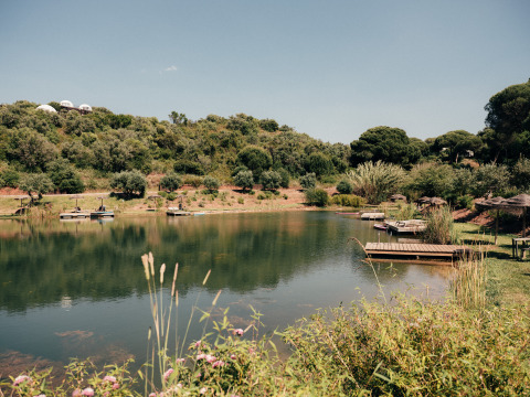 Vista sul lago e la natura a Wecamp Reserva Alecrim, villaggio vacanze in Alentejo, Portogallo.