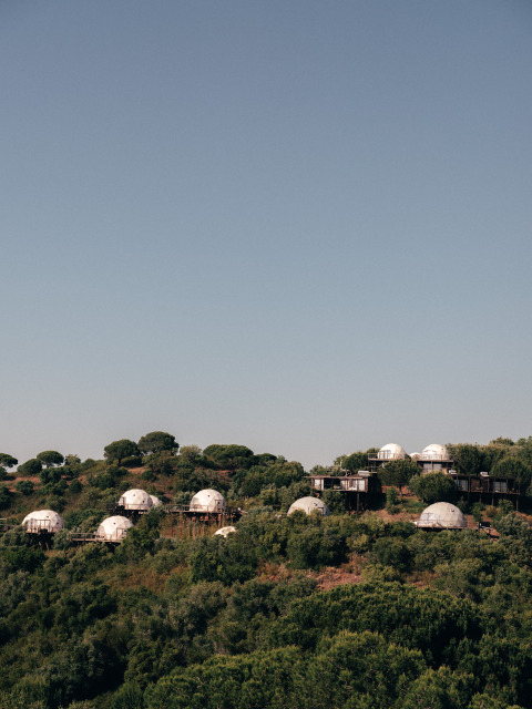 Tende a cupola al Wecamp Reserva Alecrim in Alentejo, Portogallo, immerse su una collina verde e alberata.