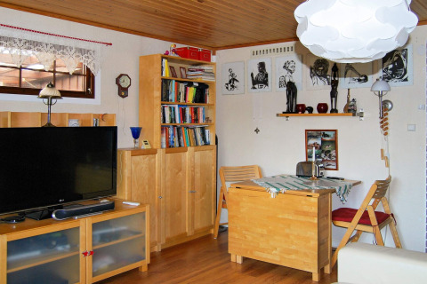 Stue i en hytte med træmøbler, bogreol, TV, kunst på væggen og spisebord i Tjörnarp, Sverige.