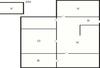 Grondplan van een 4-persoons vakantiehuis in Tjörnarp, Zweden, inclusief kamers en los gastenverblijf.
